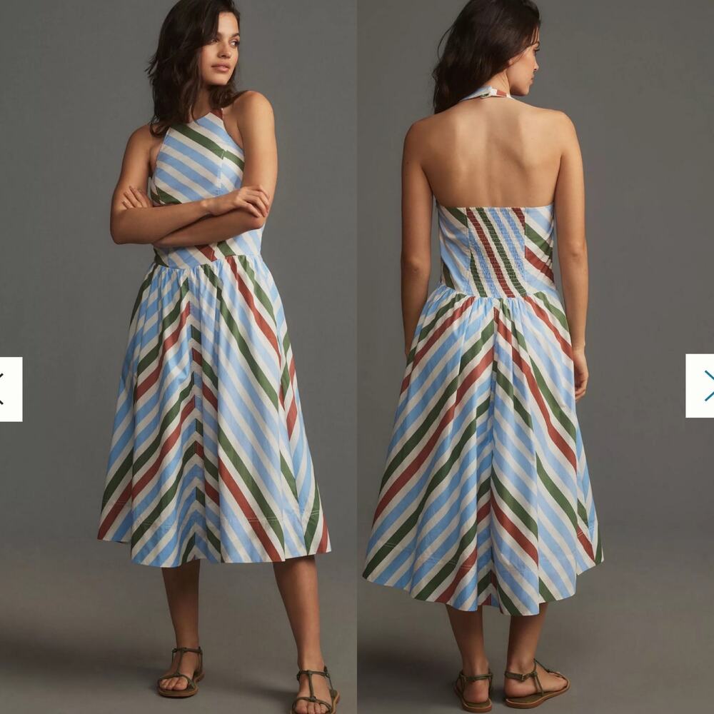 ✨NWT Anthropologie Maeve Halter Sundress Stripe Midi Cotton Dress Sz Small